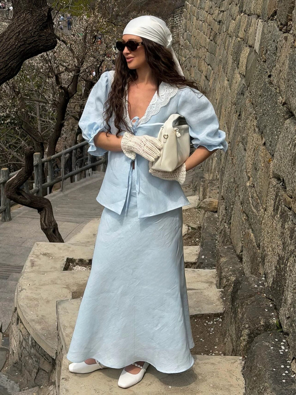 ZARA French Lace Trim Shirt and Ruffle Skirt Set for Women Spring Summer